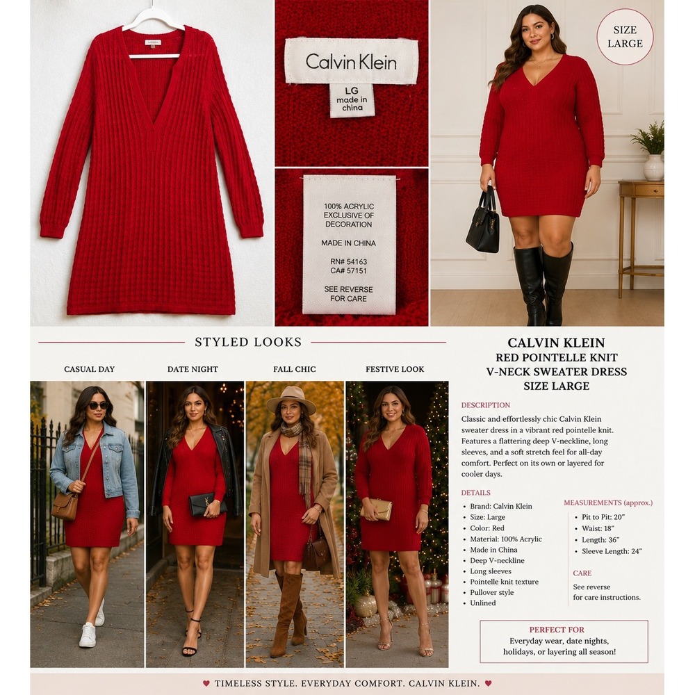 Calvin Klein Red Pointelle Knit V-Neck Sweater Dress Large